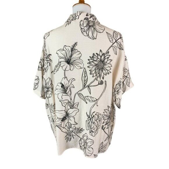 Klesis Floral Print Button Down Short Sleeve Shirt Blouse Black White Boho Large - Picture 4 of 6